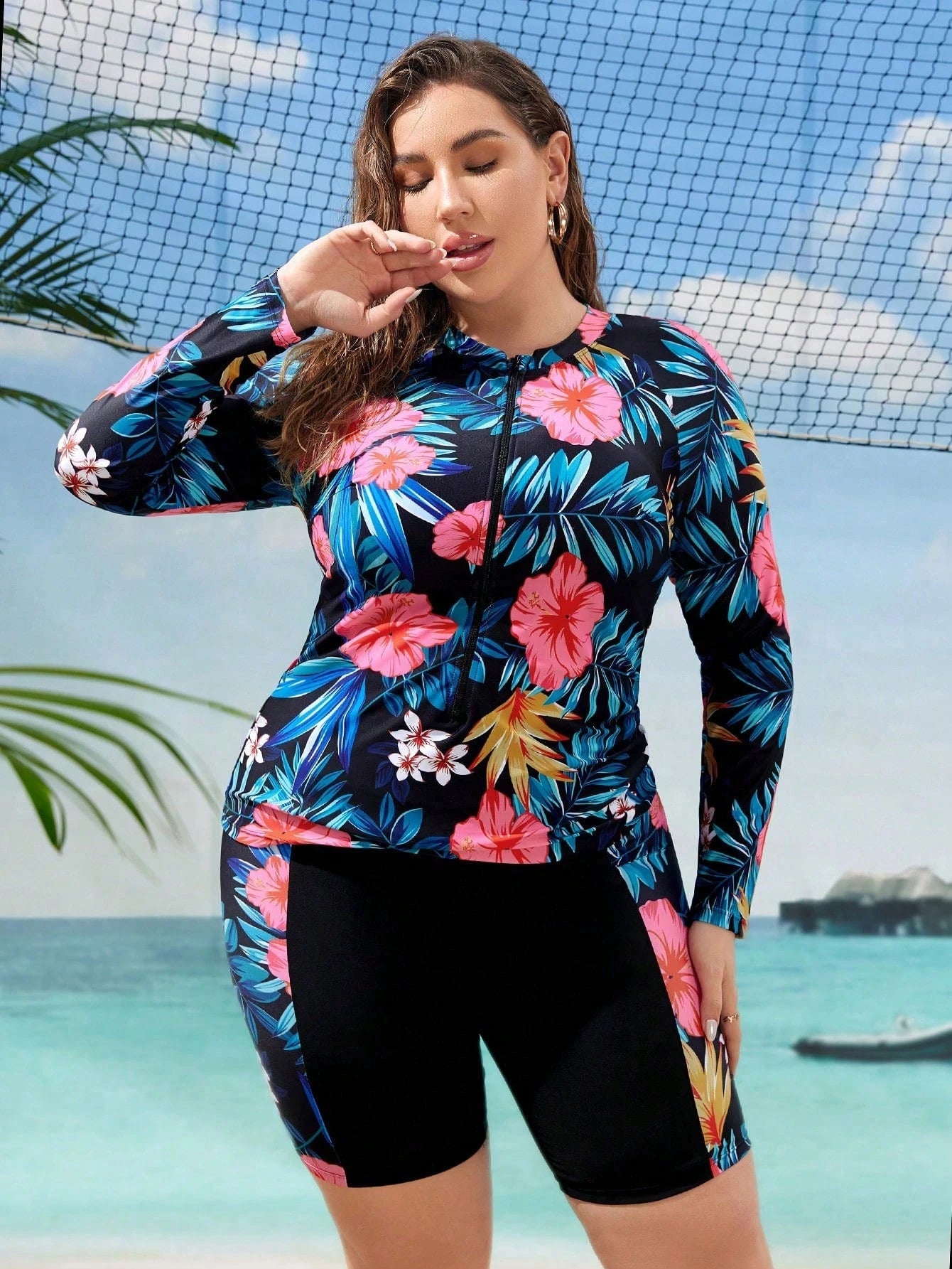 Swim Lushoire Summer Beach Plus Size Women's Floral & Botanical Print Long Sleeve T-Shirt With Boxer Burkini Swimwear Set Carnival