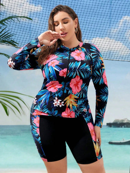 Swim Lushoire Summer Beach Plus Size Women's Floral & Botanical Print Long Sleeve T-Shirt With Boxer Burkini Swimwear Set Carnival