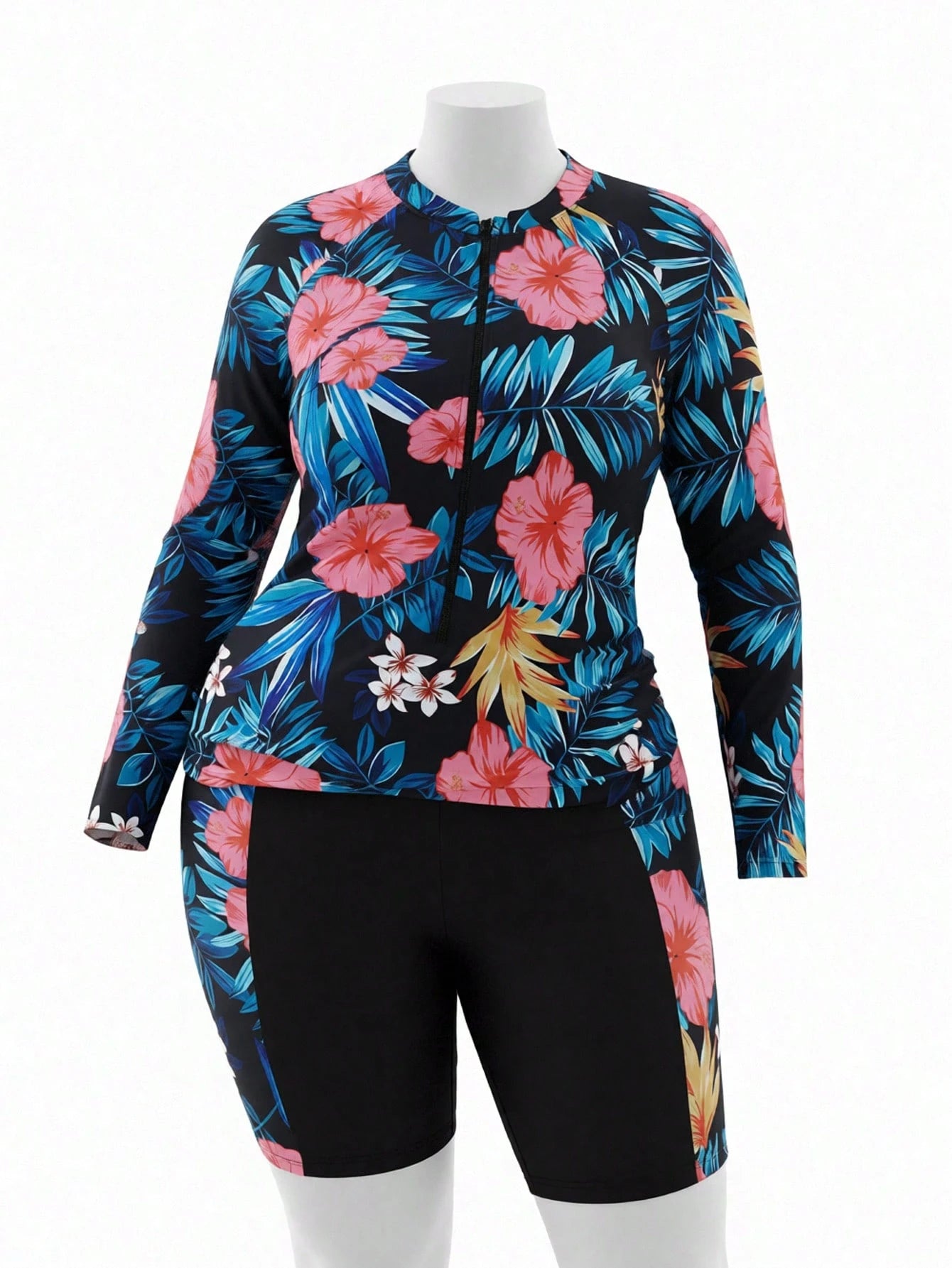Swim Lushoire Summer Beach Plus Size Women's Floral & Botanical Print Long Sleeve T-Shirt With Boxer Burkini Swimwear Set Carnival