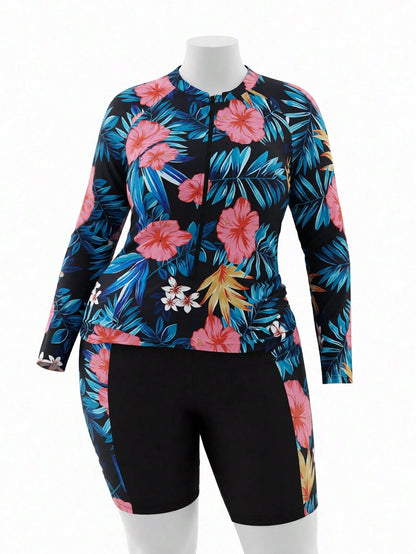 Swim Lushoire Summer Beach Plus Size Women's Floral & Botanical Print Long Sleeve T-Shirt With Boxer Burkini Swimwear Set Carnival