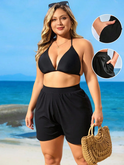 Swim Lushoire Summer Beach Plus Solid Slant Pocket Shorts