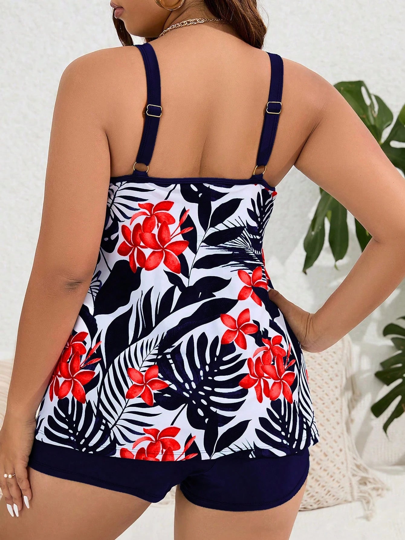Swim Lushoire Summer Beach Women's Plus Size Flower Print Round Neck Tankini Swimsuit
