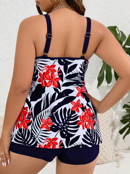 Swim Lushoire Summer Beach Women's Plus Size Flower Print Round Neck Tankini Swimsuit