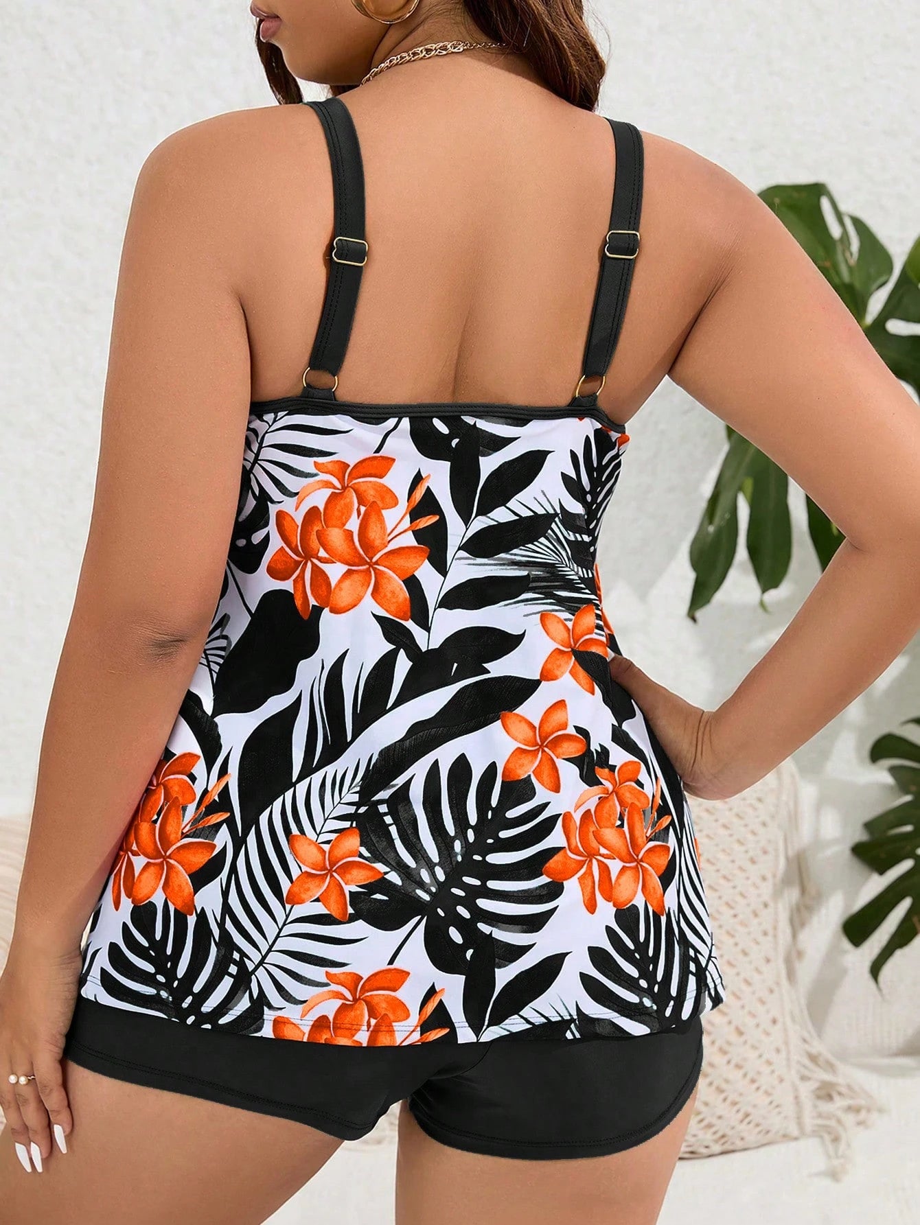 Swim Lushoire Summer Beach Women's Plus Size Flower Print Round Neck Tankini Swimsuit
