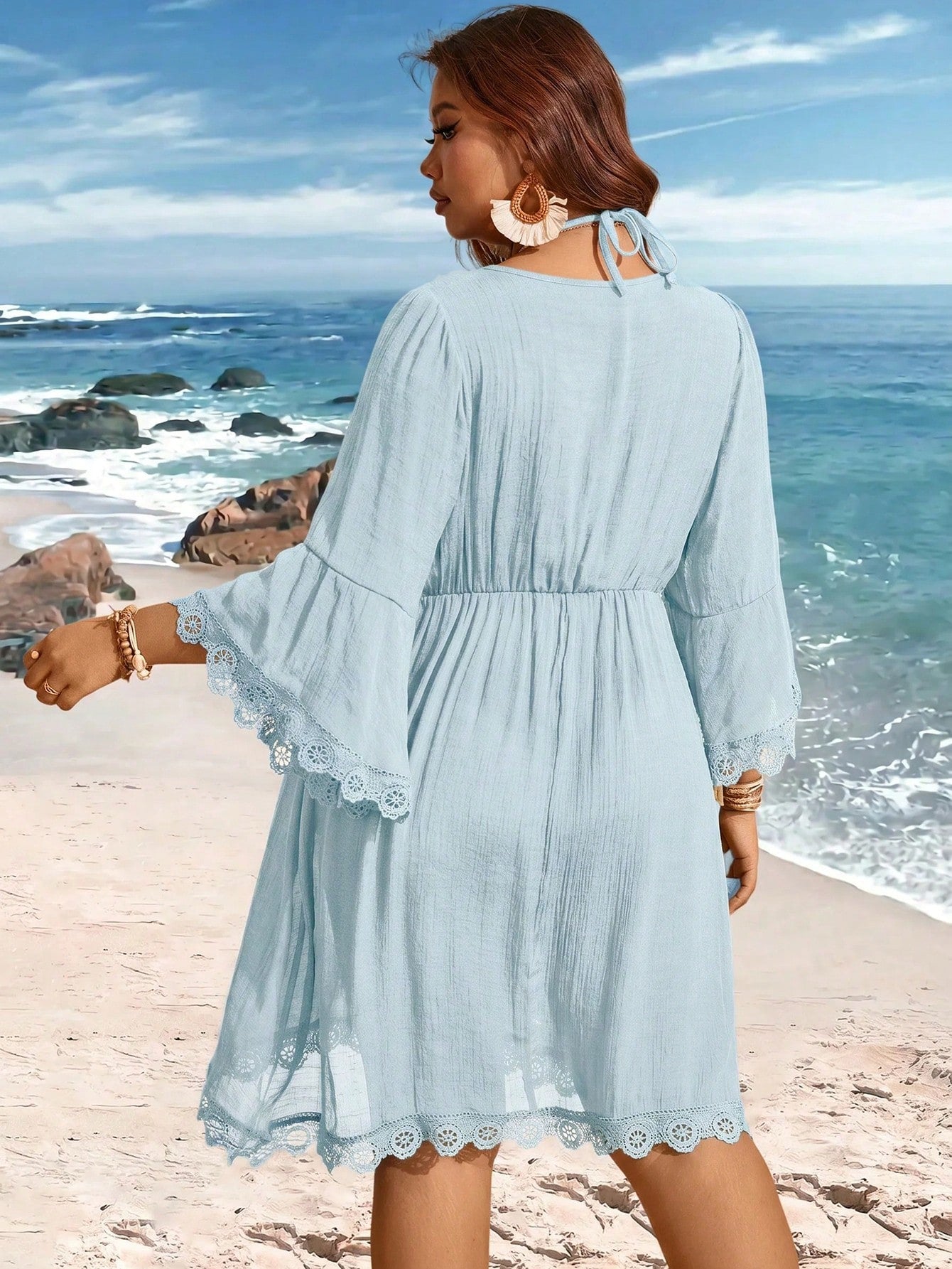 Swim Lushoire V-Neck Lace Patchwork Flare Sleeve Plus Size Cover Up