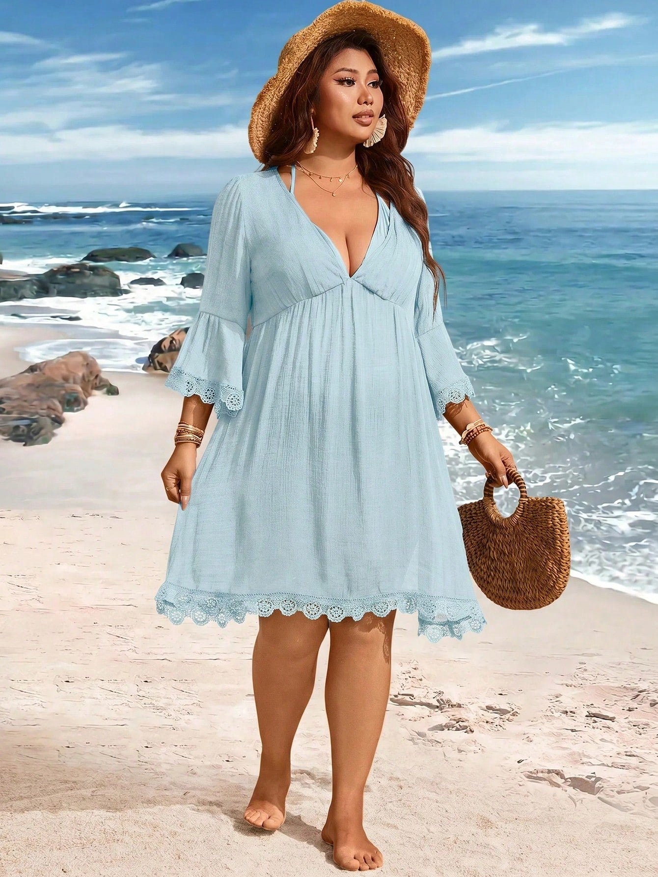 Swim Lushoire V-Neck Lace Patchwork Flare Sleeve Plus Size Cover Up