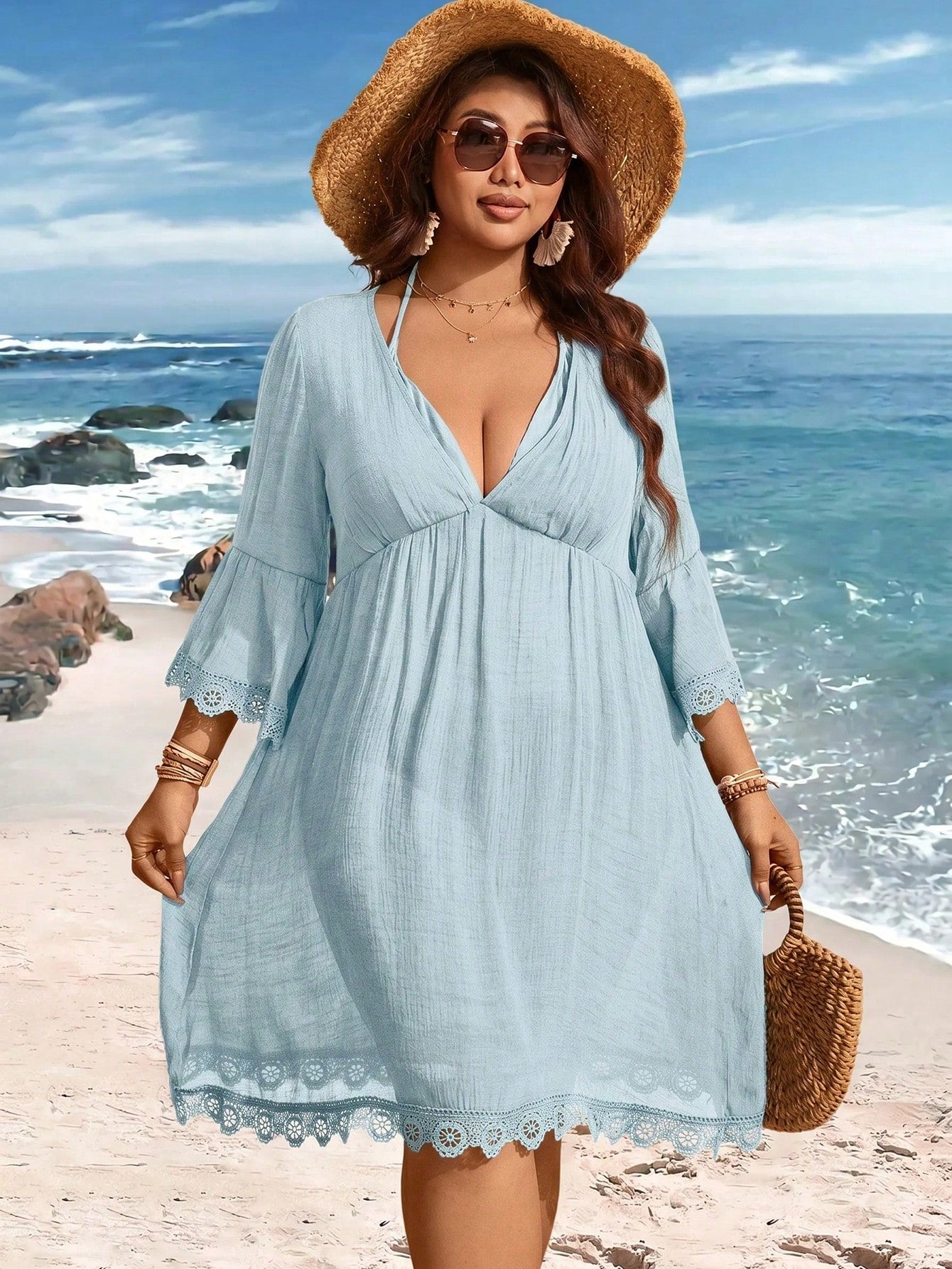 Swim Lushoire V-Neck Lace Patchwork Flare Sleeve Plus Size Cover Up