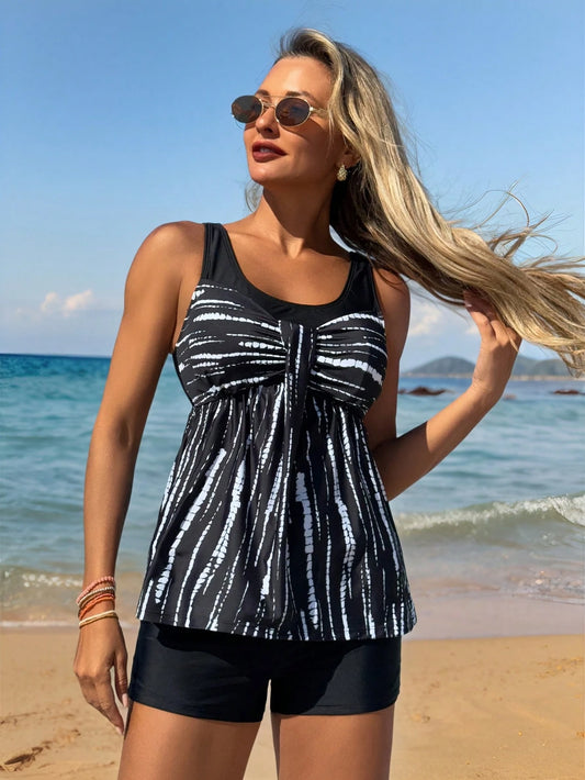 Swim Lushoire Women 2 Pieces Striped & Tie-Dye Butterfly Twist Front Tank Top + Black High Waist Shorts Swimming Suit,Summer Casual Beach Party Holiday Holiday Set