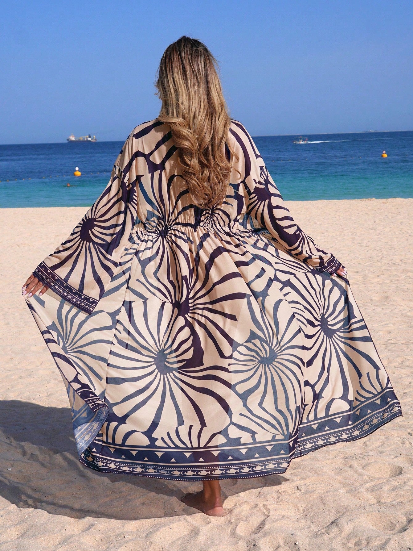 Swim Lushoire Women's Spring/Summer Beach Mesh Printed Long Sleeve Tie-Front Bikini Cover-Up Long Vacation Cover Up Dress Kimono Shrug Beige Boho