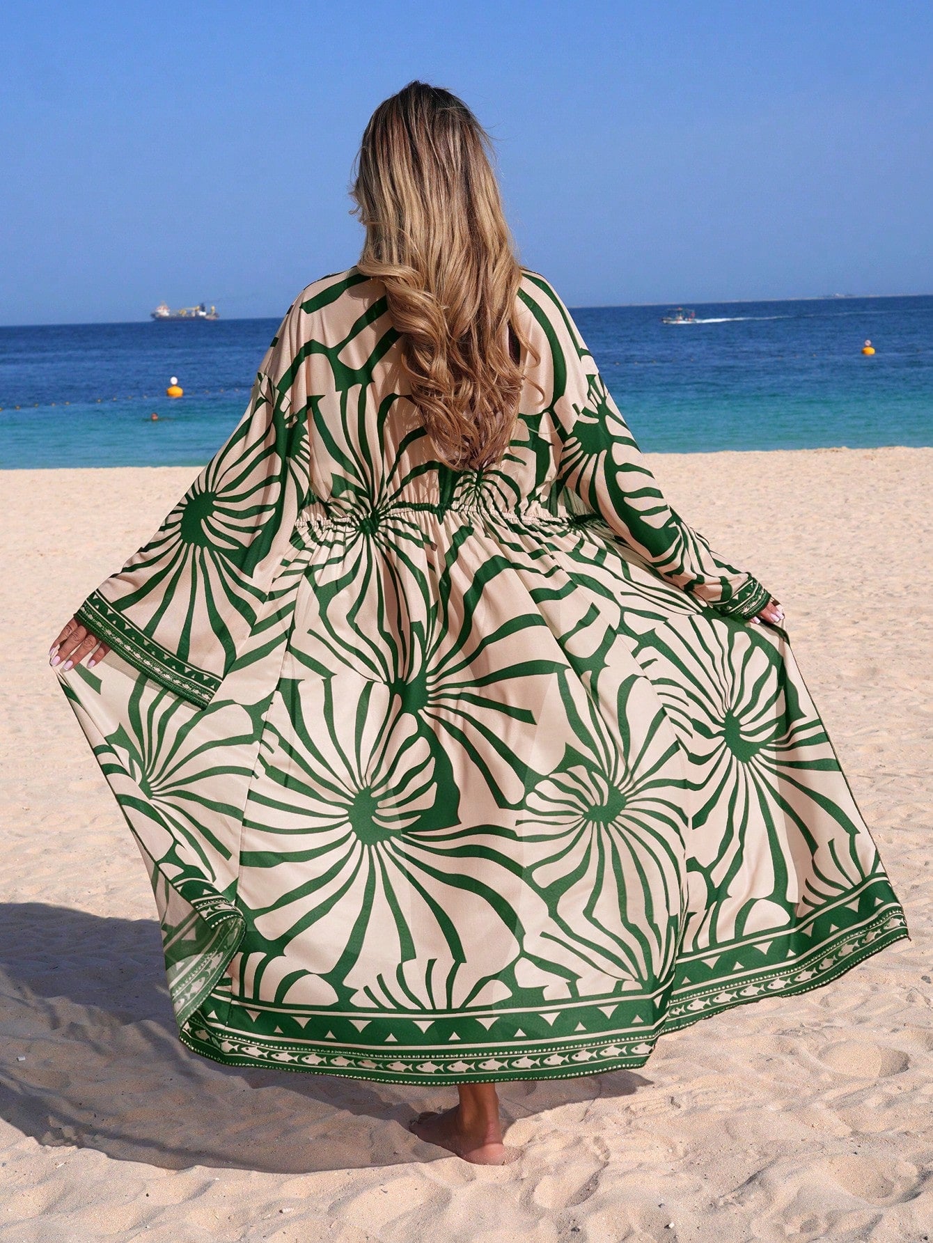 Swim Lushoire Women's Spring/Summer Beach Mesh Printed Long Sleeve Tie-Front Bikini Cover-Up Long Vacation Cover Up Dress Kimono Shrug Beige Boho