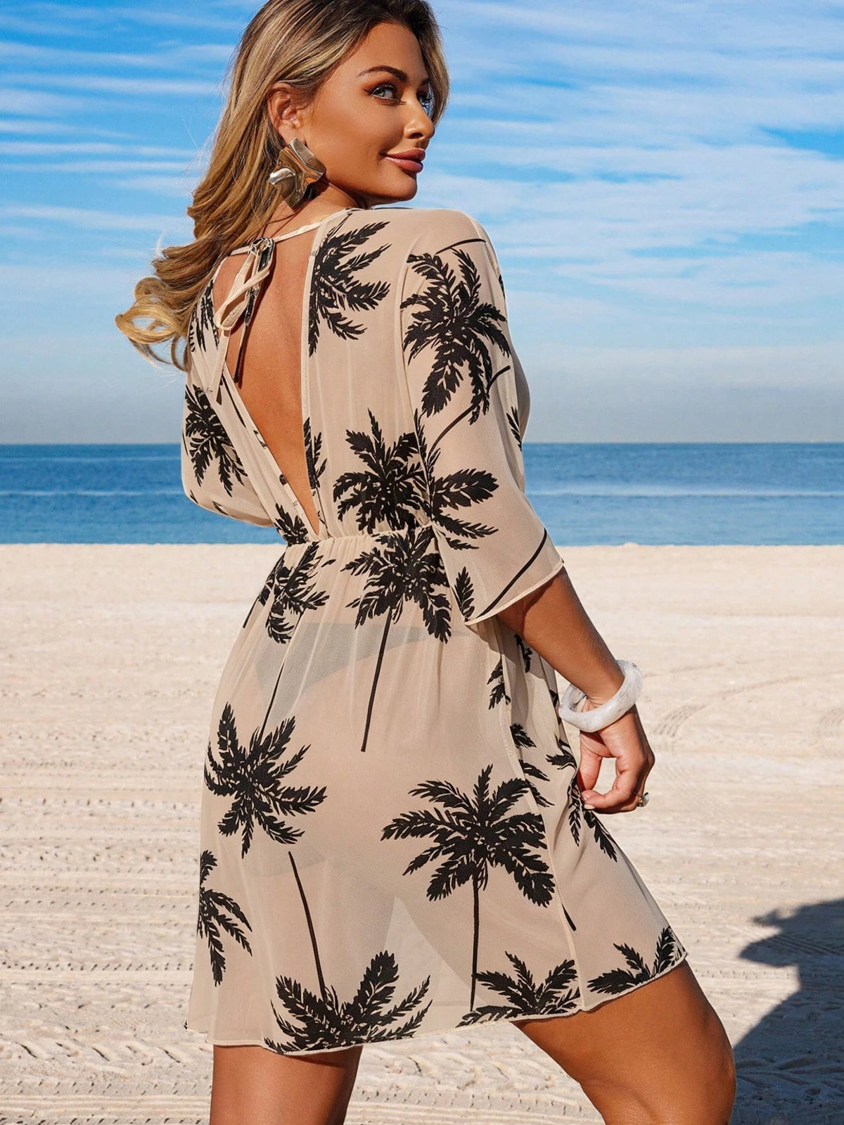 Swim Lushoire Women's Spring/Summer Beach Outfit, Printed Waist-Cinched 3/4 Sleeve V-Neck Vacation Dress, Cover-Up Dress