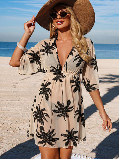 Swim Lushoire Women's Spring/Summer Beach Outfit, Printed Waist-Cinched 3/4 Sleeve V-Neck Vacation Dress, Cover-Up Dress