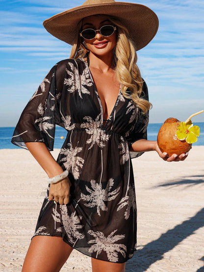 Swim Lushoire Women's Spring/Summer Beach Outfit, Printed Waist-Cinched 3/4 Sleeve V-Neck Vacation Dress, Cover-Up Dress