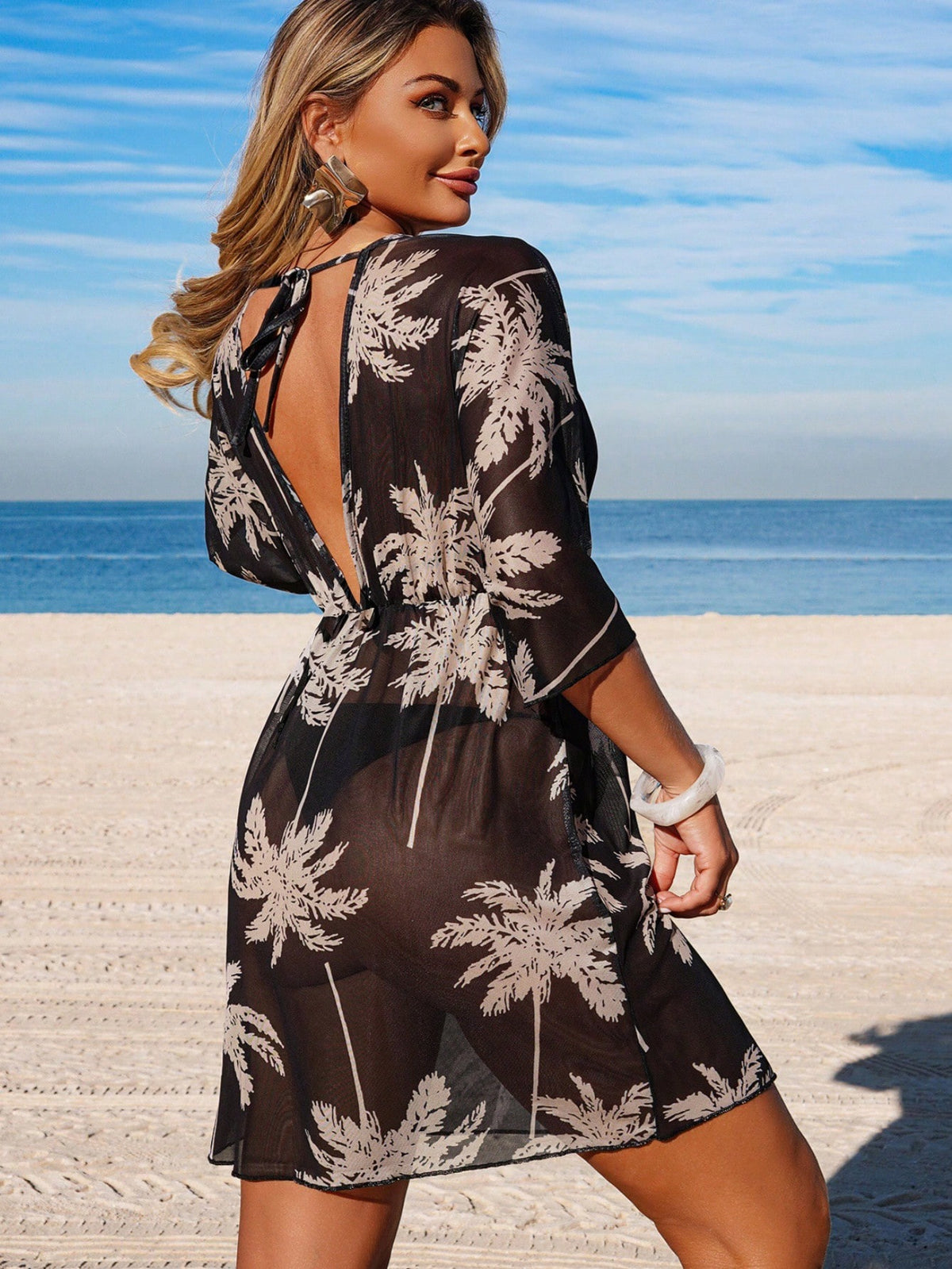 Swim Lushoire Women's Spring/Summer Beach Outfit, Printed Waist-Cinched 3/4 Sleeve V-Neck Vacation Dress, Cover-Up Dress