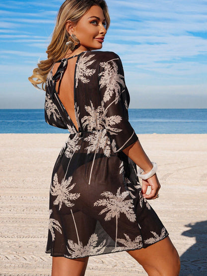 Swim Lushoire Women's Spring/Summer Beach Outfit, Printed Waist-Cinched 3/4 Sleeve V-Neck Vacation Dress, Cover-Up Dress