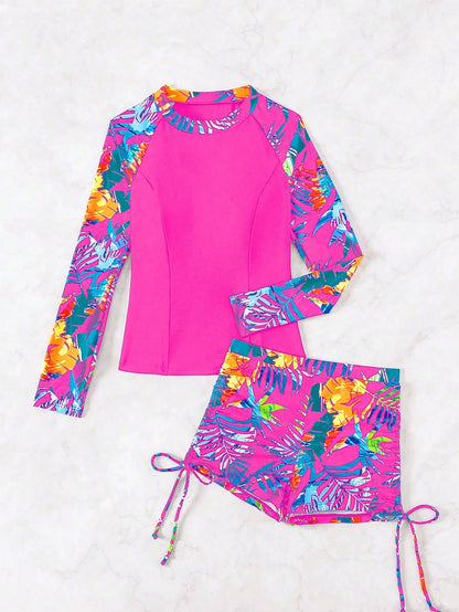 Swim Lushoire Women's Summer Beach Contrast Tropical Print Long Sleeve Rashguard Set