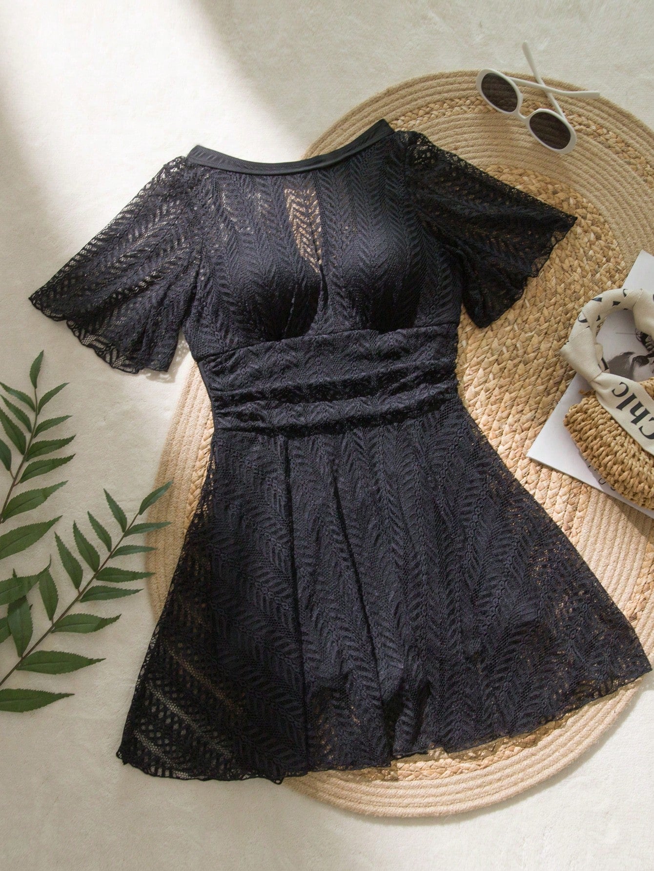 Swim Lushoire Women's Summer Beach Vacation Round Neck Ruffle Hem Casual Swimsuit Dress