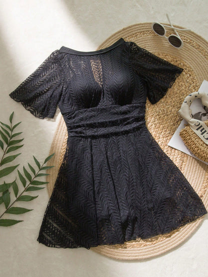 Swim Lushoire Women's Summer Beach Vacation Round Neck Ruffle Hem Casual Swimsuit Dress