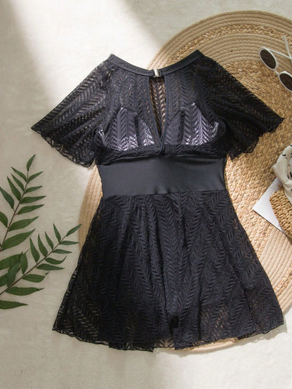 Swim Lushoire Women's Summer Beach Vacation Round Neck Ruffle Hem Casual Swimsuit Dress