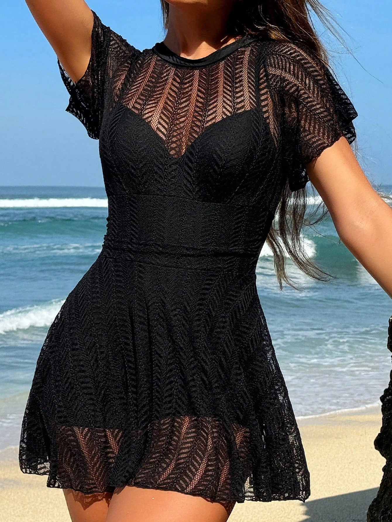 Swim Lushoire Women's Summer Beach Vacation Round Neck Ruffle Hem Casual Swimsuit Dress