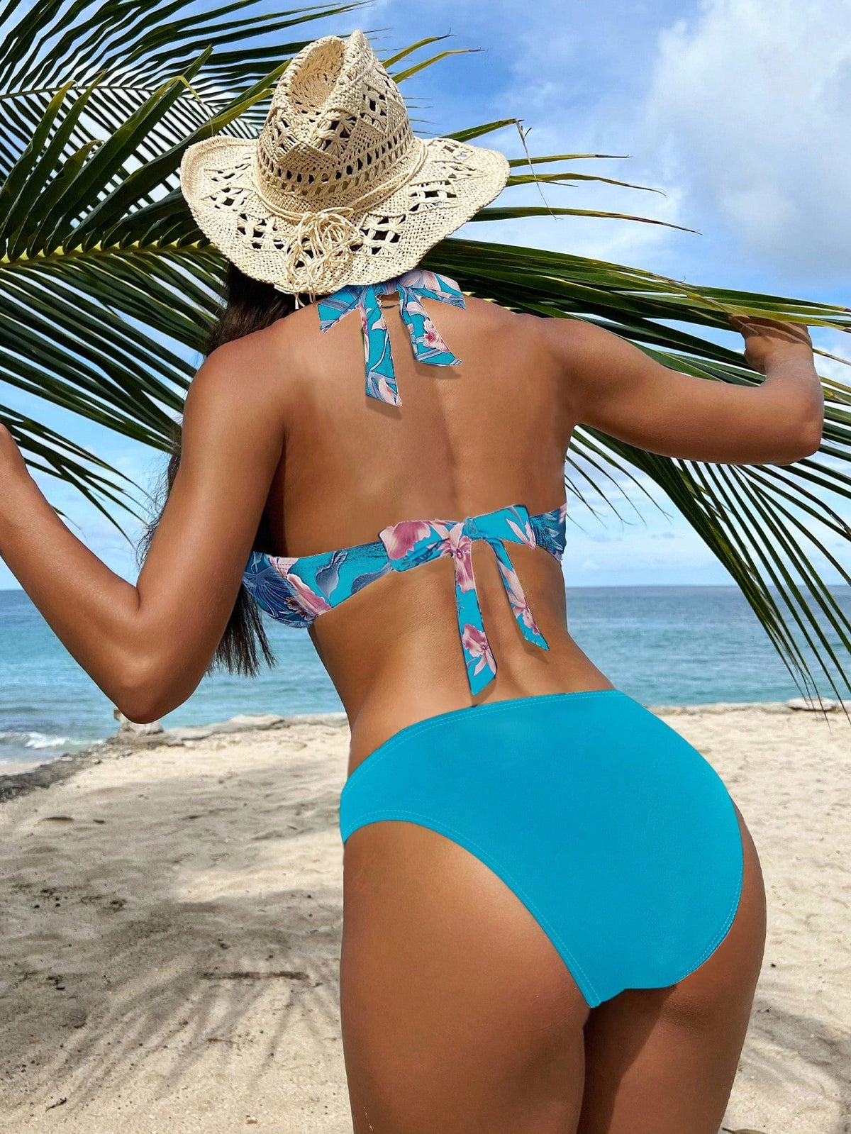 Swim Lushoire Women's Summer Beach Vacation Tropical Print Top Twist Knot Backless Halter Split Bikini Set