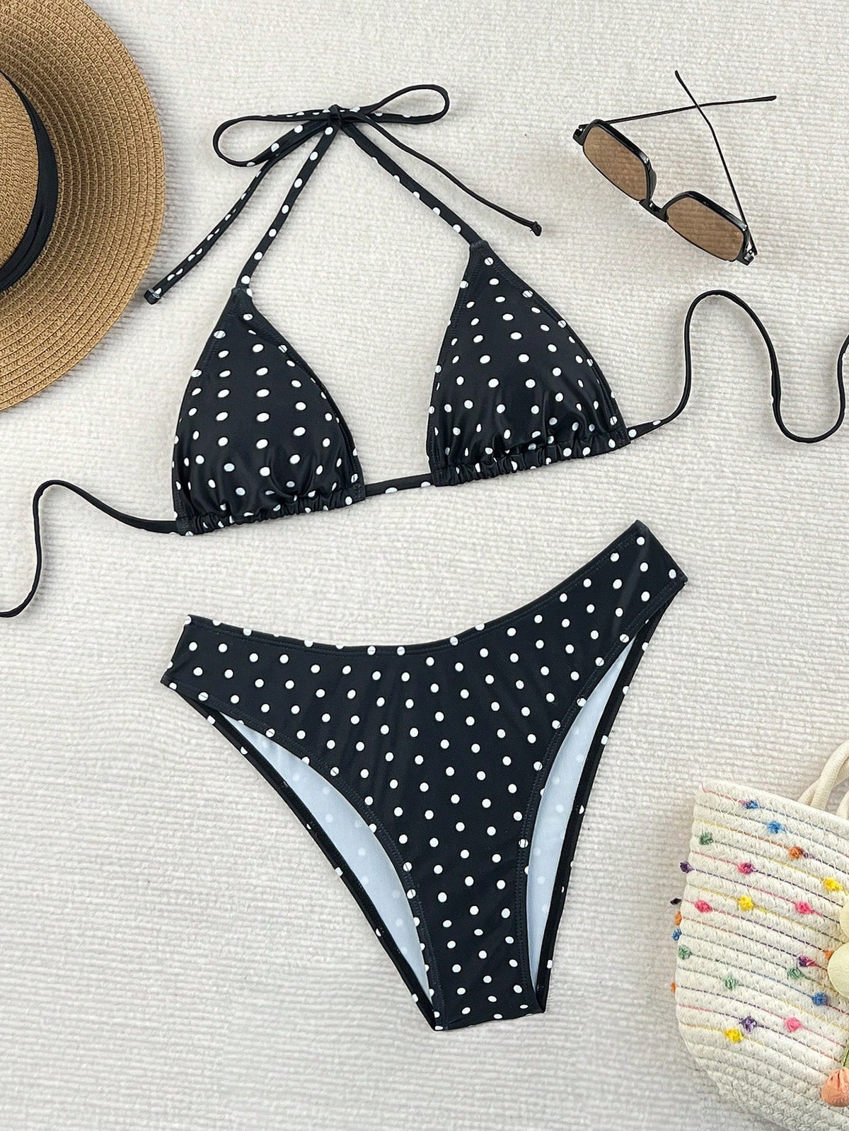 Swim Mod 2026 Spring/Summer Women's Spaghetti Strap Halter Neck Black Base White Polka Dot Random Print Sweet Cute High Cut Side Bikini Swimwear Two Pieces Set