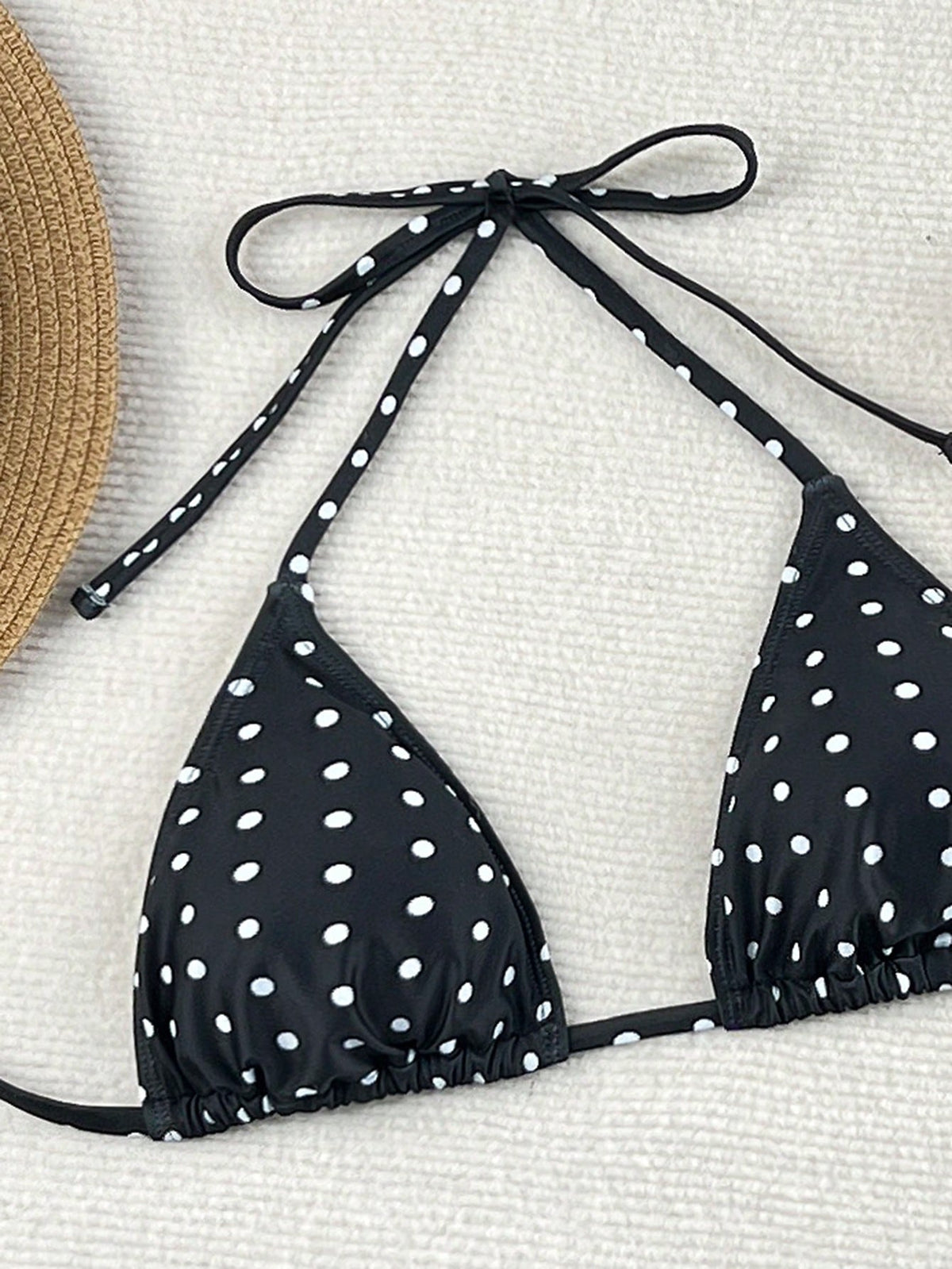 Swim Mod 2026 Spring/Summer Women's Spaghetti Strap Halter Neck Black Base White Polka Dot Random Print Sweet Cute High Cut Side Bikini Swimwear Two Pieces Set