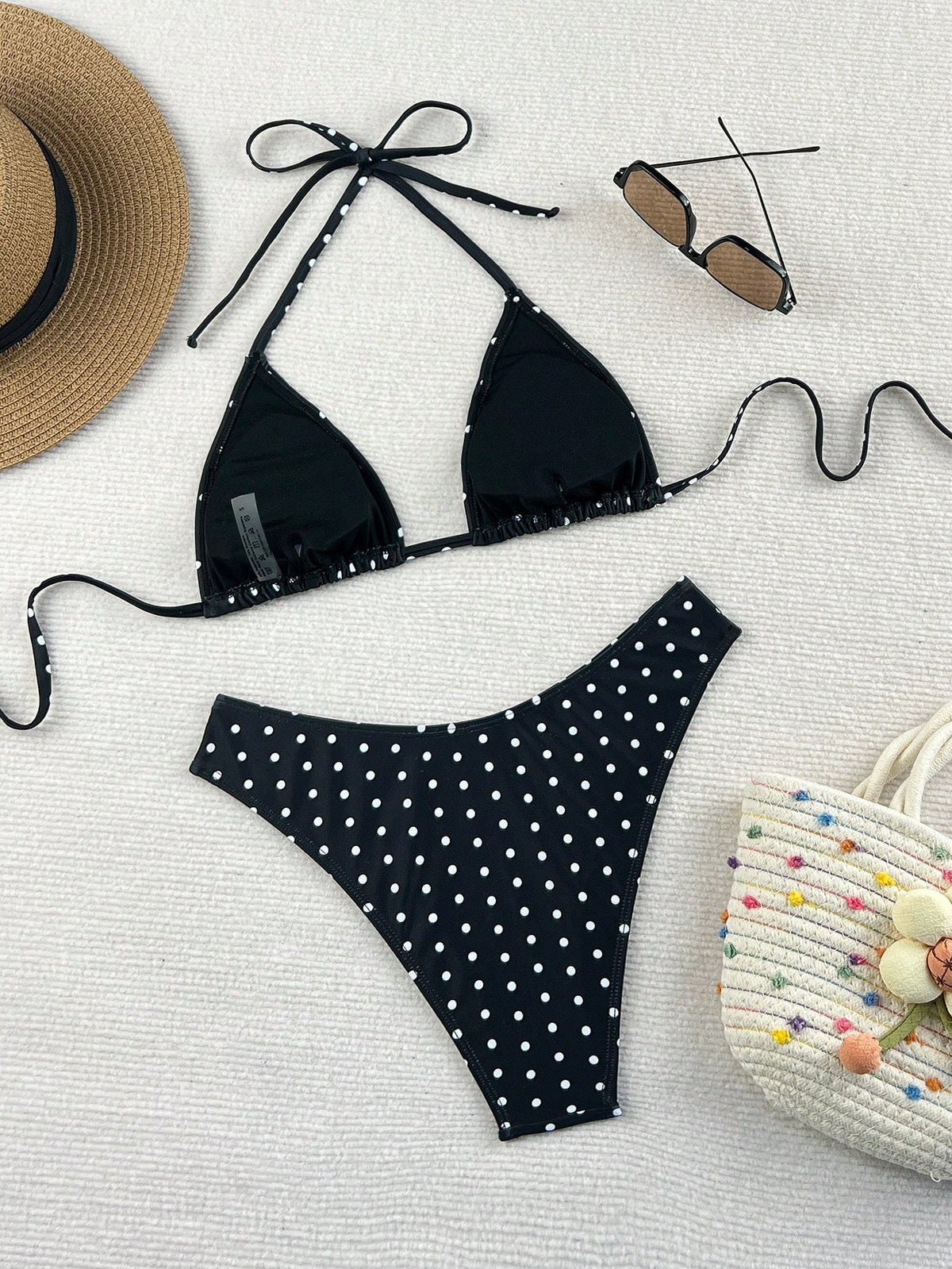 Swim Mod 2026 Spring/Summer Women's Spaghetti Strap Halter Neck Black Base White Polka Dot Random Print Sweet Cute High Cut Side Bikini Swimwear Two Pieces Set