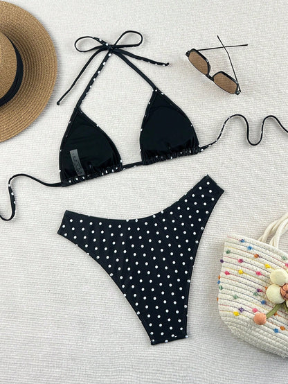 Swim Mod 2026 Spring/Summer Women's Spaghetti Strap Halter Neck Black Base White Polka Dot Random Print Sweet Cute High Cut Side Bikini Swimwear Two Pieces Set