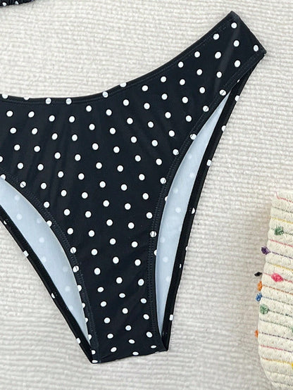Swim Mod 2026 Spring/Summer Women's Spaghetti Strap Halter Neck Black Base White Polka Dot Random Print Sweet Cute High Cut Side Bikini Swimwear Two Pieces Set