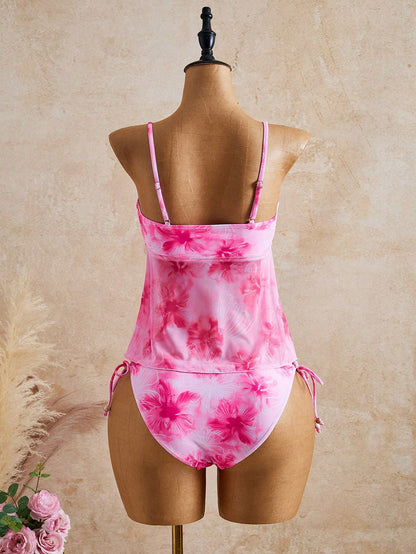 Swim Mod 2pcs/Set Women Floral Random Print Beaded Decor Camisole & Bikini Set, Suitable For Summer Beach Vacation