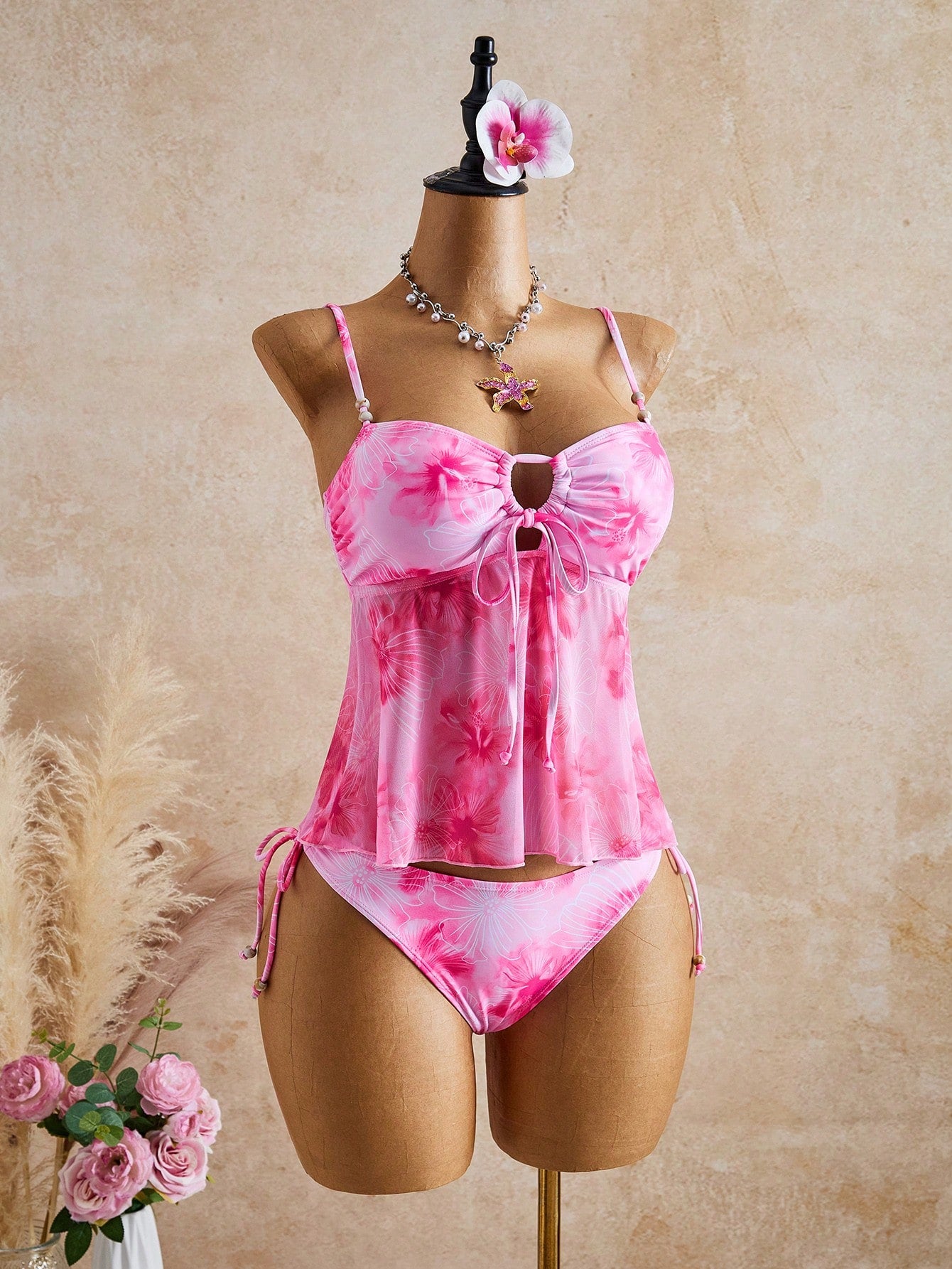 Swim Mod 2pcs/Set Women Floral Random Print Beaded Decor Camisole & Bikini Set, Suitable For Summer Beach Vacation