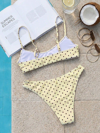 Swim Mod Elegant Vacation Bohemian Navy Blue & White Polka Dot Adjustable Strap V-Neck Sexy Bikini Set