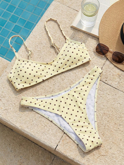 Swim Mod Elegant Vacation Bohemian Navy Blue & White Polka Dot Adjustable Strap V-Neck Sexy Bikini Set