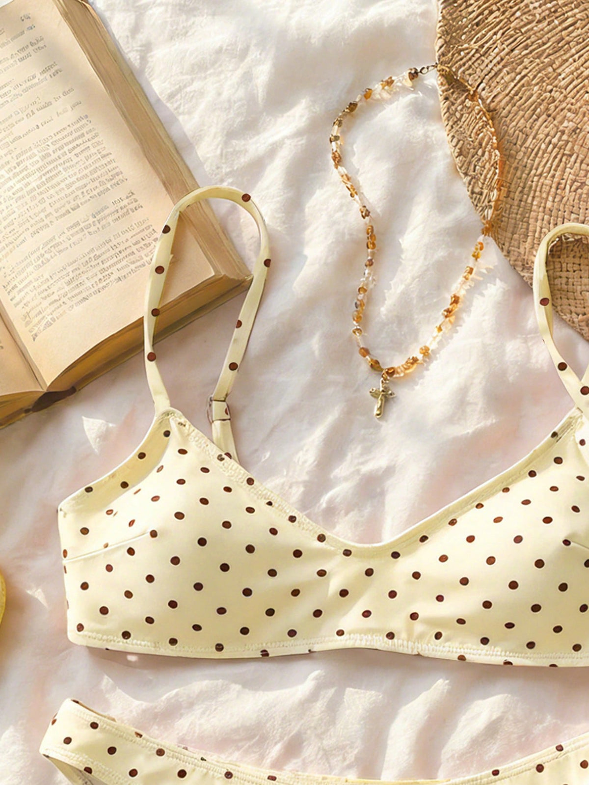 Swim Mod Elegant Vacation Bohemian Navy Blue & White Polka Dot Adjustable Strap V-Neck Sexy Bikini Set