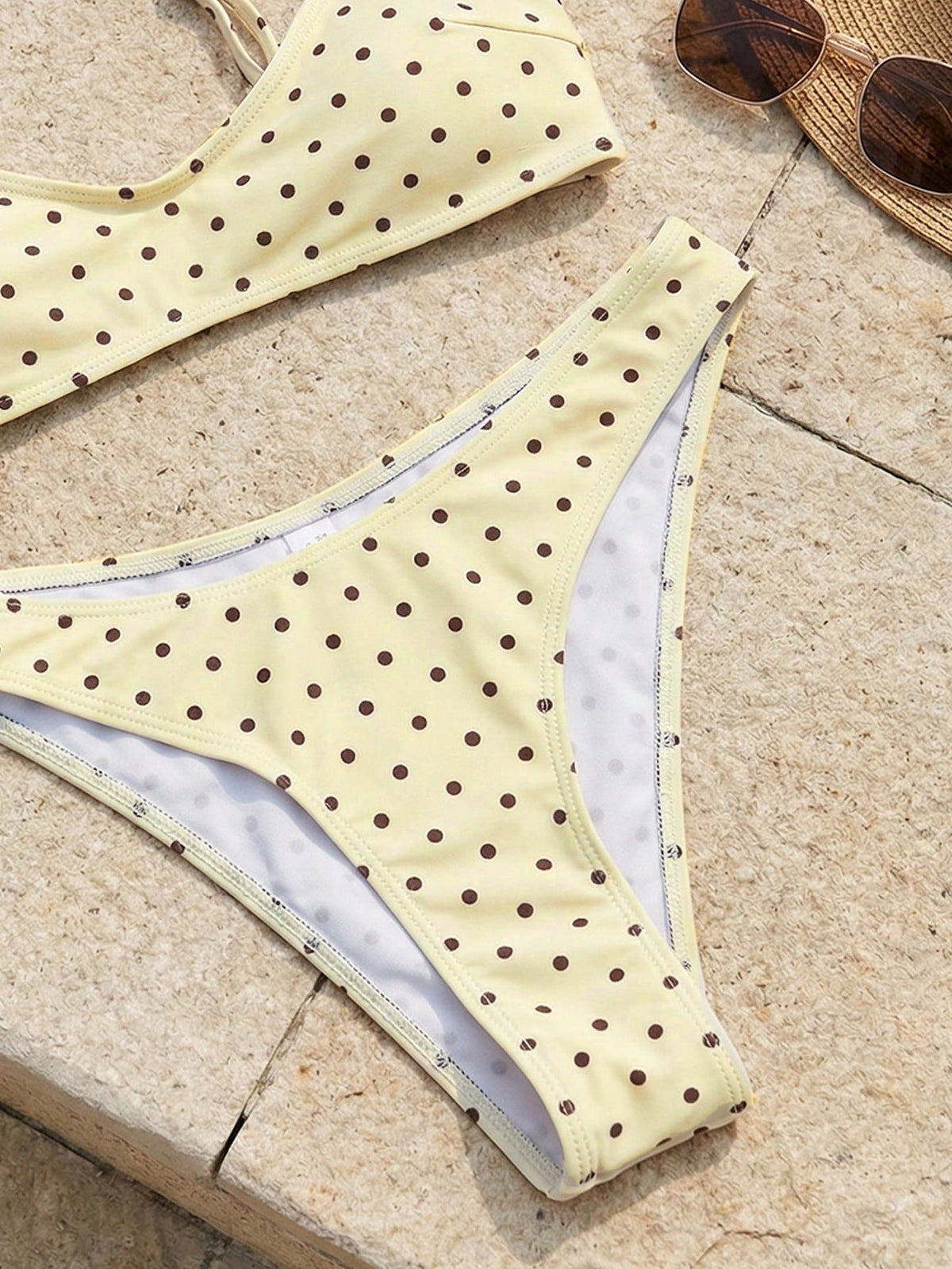 Swim Mod Elegant Vacation Bohemian Navy Blue & White Polka Dot Adjustable Strap V-Neck Sexy Bikini Set