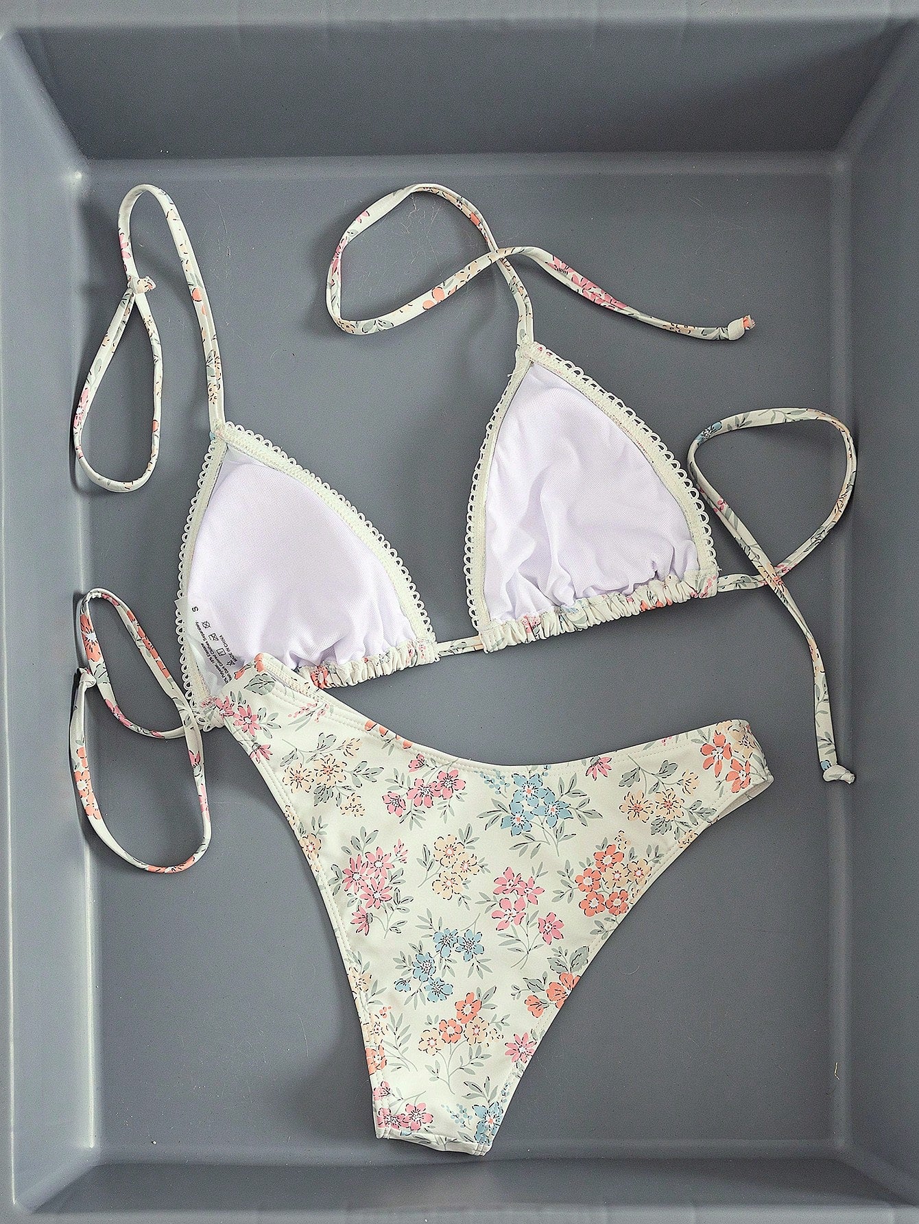 Swim Mod New Spring/Summer Beachside Casual Vacation Fresh Floral Halter Lace Trim Triangle Cup Bikini Two Pieces Swimwear