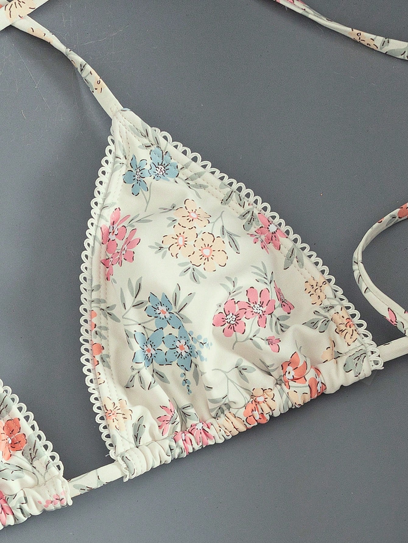 Swim Mod New Spring/Summer Beachside Casual Vacation Fresh Floral Halter Lace Trim Triangle Cup Bikini Two Pieces Swimwear