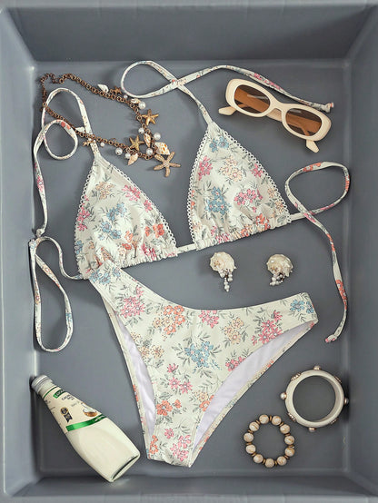Swim Mod New Spring/Summer Beachside Casual Vacation Fresh Floral Halter Lace Trim Triangle Cup Bikini Two Pieces Swimwear
