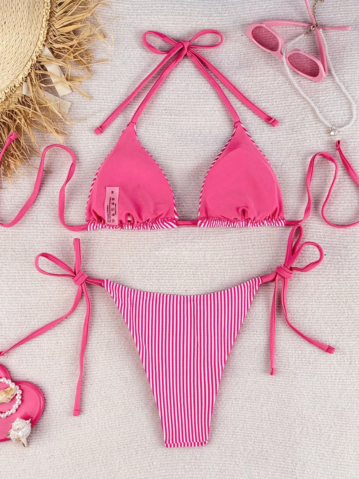 Swim Mod Pink And White Striped,Summer,Casual,Beach,Holiday,Vacation,Holiday Women's Crinkle Spaghetti Strap Twist Side High Cut Bikini 2 Pieces Swimwear Set