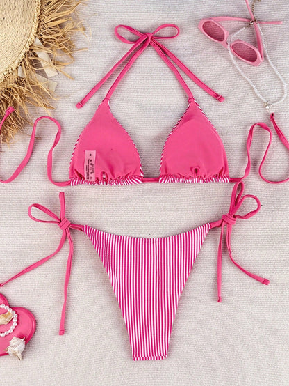 Swim Mod Pink And White Striped,Summer,Casual,Beach,Holiday,Vacation,Holiday Women's Crinkle Spaghetti Strap Twist Side High Cut Bikini 2 Pieces Swimwear Set