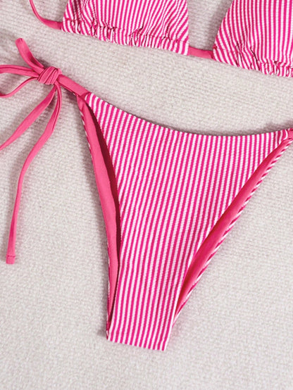 Swim Mod Pink And White Striped,Summer,Casual,Beach,Holiday,Vacation,Holiday Women's Crinkle Spaghetti Strap Twist Side High Cut Bikini 2 Pieces Swimwear Set