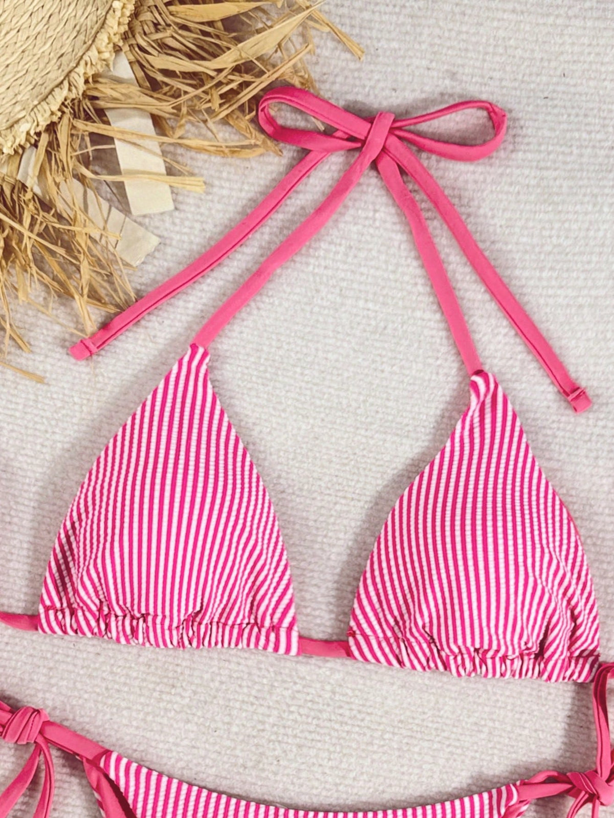 Swim Mod Pink And White Striped,Summer,Casual,Beach,Holiday,Vacation,Holiday Women's Crinkle Spaghetti Strap Twist Side High Cut Bikini 2 Pieces Swimwear Set
