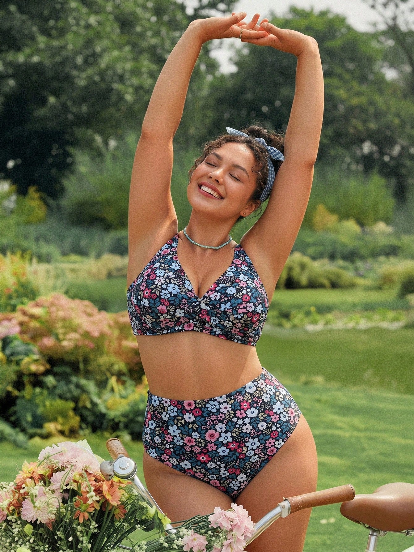Swim Mod Plus Size 2-Piece Swimsuit Set,Navy Blue,Summer,Boho,Beach,Holiday,Ditsy Floral,Criss-Cross Front,Adjustable Straps,High-Waisted Bottoms,Pool Wear