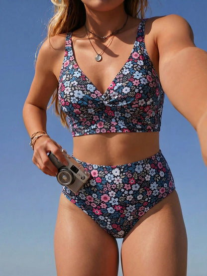 Swim Mod Plus Size 2-Piece Swimsuit Set,Navy Blue,Summer,Boho,Beach,Holiday,Ditsy Floral,Criss-Cross Front,Adjustable Straps,High-Waisted Bottoms,Pool Wear