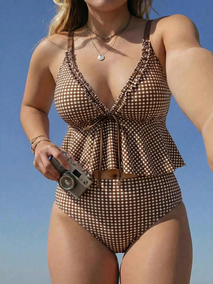 Swim Mod Plus Size 2-Piece Tank Bikini Set, Plaid Print, Deep V-Neck, Side Ruched Flounce, Adjustable Straps, Ruffle Hem, High Waist Bottoms, Vacation Beach Wear, Pool, Party Outfit