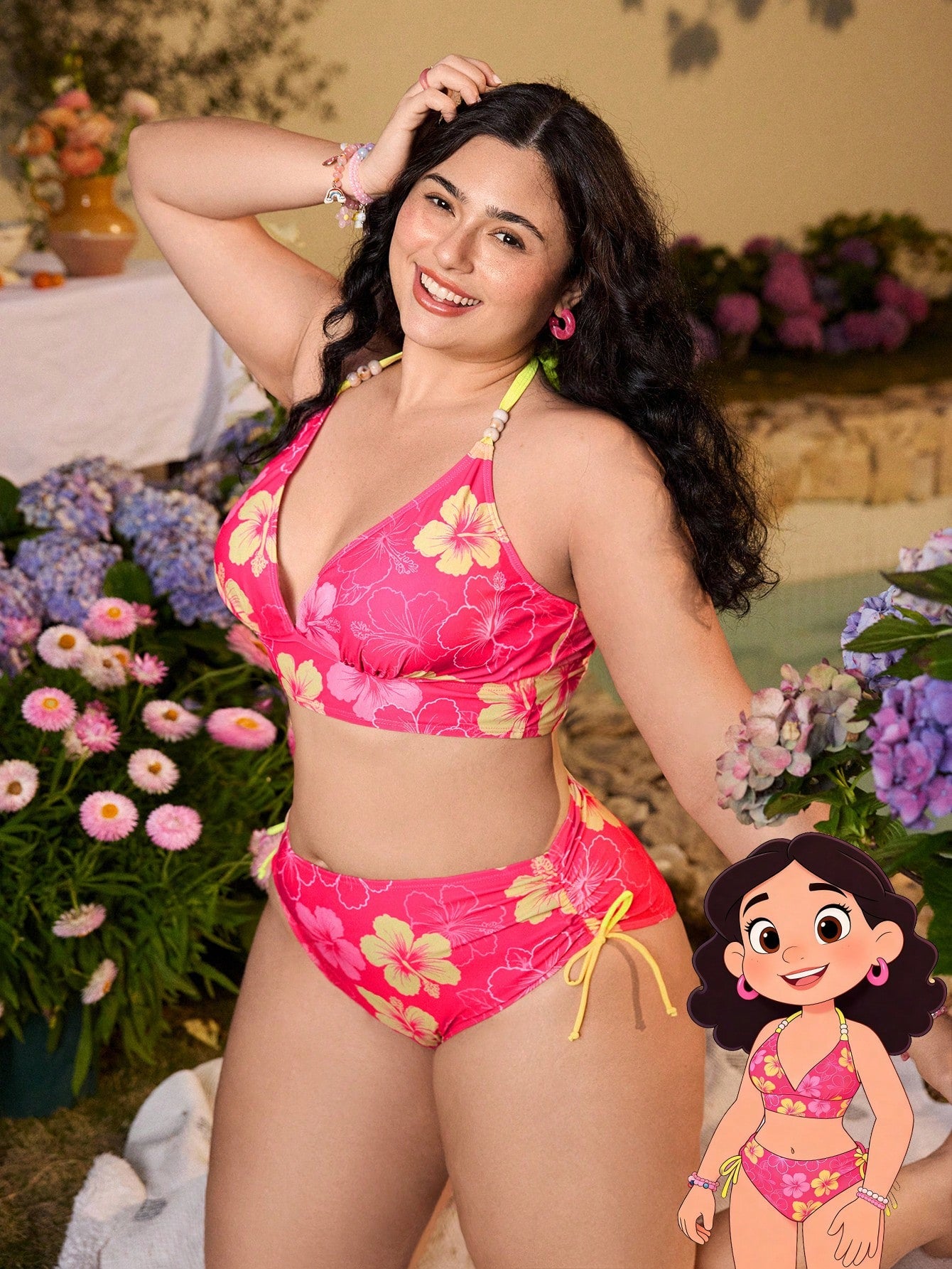 Swim Mod Plus Size 2pcs Floral Swimwear Set, Sweet Summer Women Beach Vacation Outfit