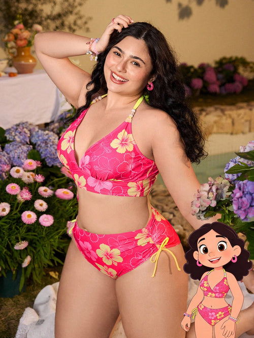 Swim Mod Plus Size 2pcs Floral Swimwear Set, Sweet Summer Women Beach Vacation Outfit