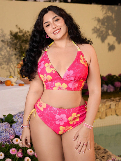 Swim Mod Plus Size 2pcs Floral Swimwear Set, Sweet Summer Women Beach Vacation Outfit