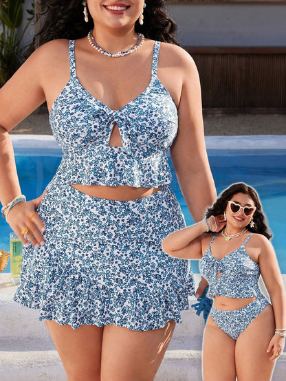 Swim Mod Plus Size 3-Piece Swimwear Set For Women, Sexy & Elegant Spaghetti Strap Floral Print Ruffled Bikini, Spring/Summer Beach Vacation